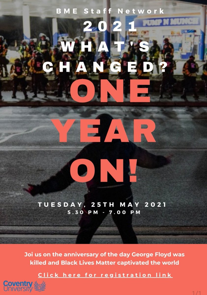 This is an open invitation to anyone interested in joining in an informal conversation to  reflect on the past year  since the death of George Floyd.  I hope some of you can join us.

When: May 25, 2021 05:30 PM London 

Registration link

coventry-ac-uk.zoom.us/meeting/regist…