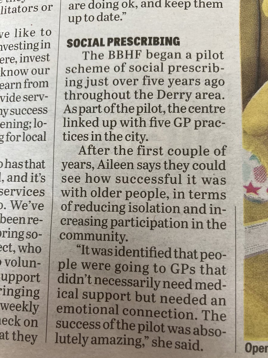 Great to see our friends and partners <a href="/BBHealthForum/">Bogside and Brandywell Health Forum</a> <a href="/SPRINGSocialPre/">SPRING Social Prescribing</a> featured in today’s <a href="/derryjournal/">Derry Journal</a> important for people to know what #socialprescribing is and how to access it in their own community