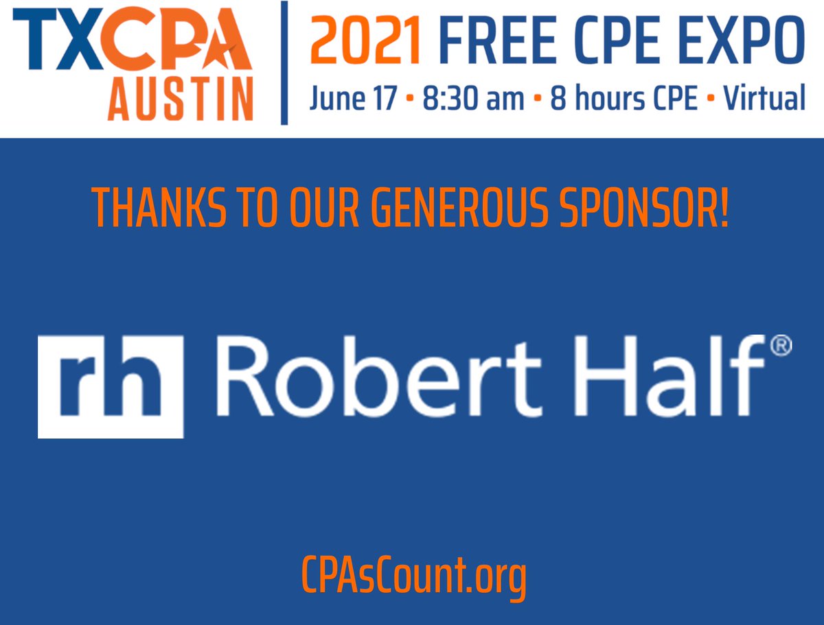 Thank you, Robert Half, for sponsoring the TXCPA Austin CPE Expo on 6/17! We're happy to work with you all again and look forward to a great event. roberthalf.com/?utm_campaign=…
#CPAsCount #txcpaaustin #sponsor #cpe #cpa #thankyou #roberthalf