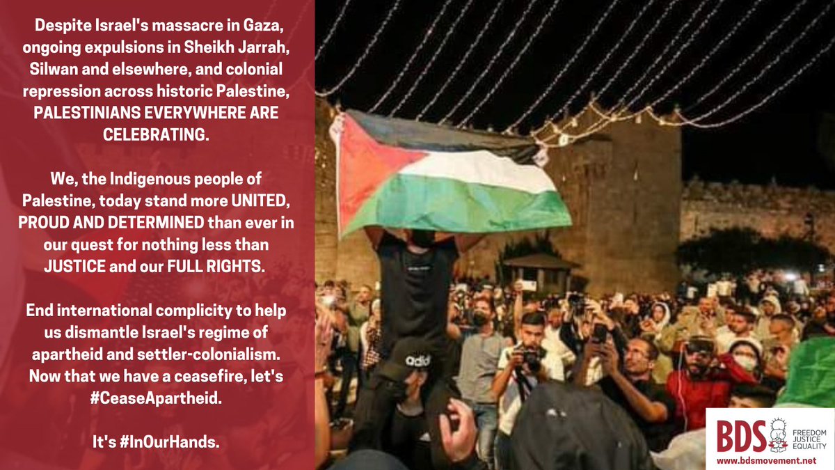 BDSmovement's tweet photo. Following the ceasefire, let's #CeaseApartheid! 

Not one more dollar for Israeli bombs and massacres in Gaza or anywhere.

It's #InOurHands https://t.co/2TALikZa1z