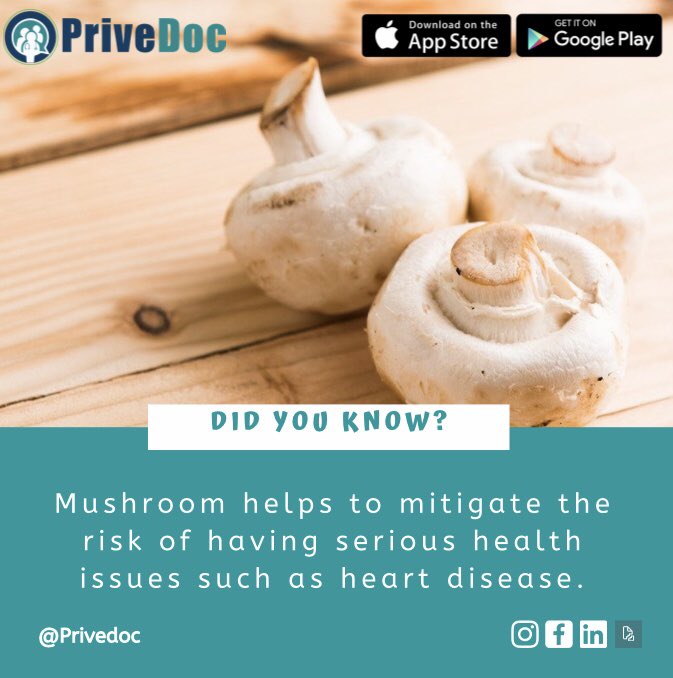 PriveDoc's tweet image. Mushrooms are a rich, low calorie source of fiber, protein, and antioxidants. They may also mitigate the risk of developing serious health conditions, such as Alzheimer’s, heart disease, cancer, and diabetes.
#Dailyhealth #privedoc #healthylifestyle #healthyfood