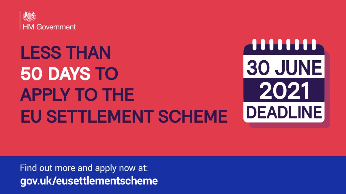If you’re an EU, EEA or Swiss citizen or their family member living in the UK (resident in the UK by 31 December 2020), you have less than 50 days to apply to the EU #SettlementScheme. 

Apply today at gov.uk/settled-status…