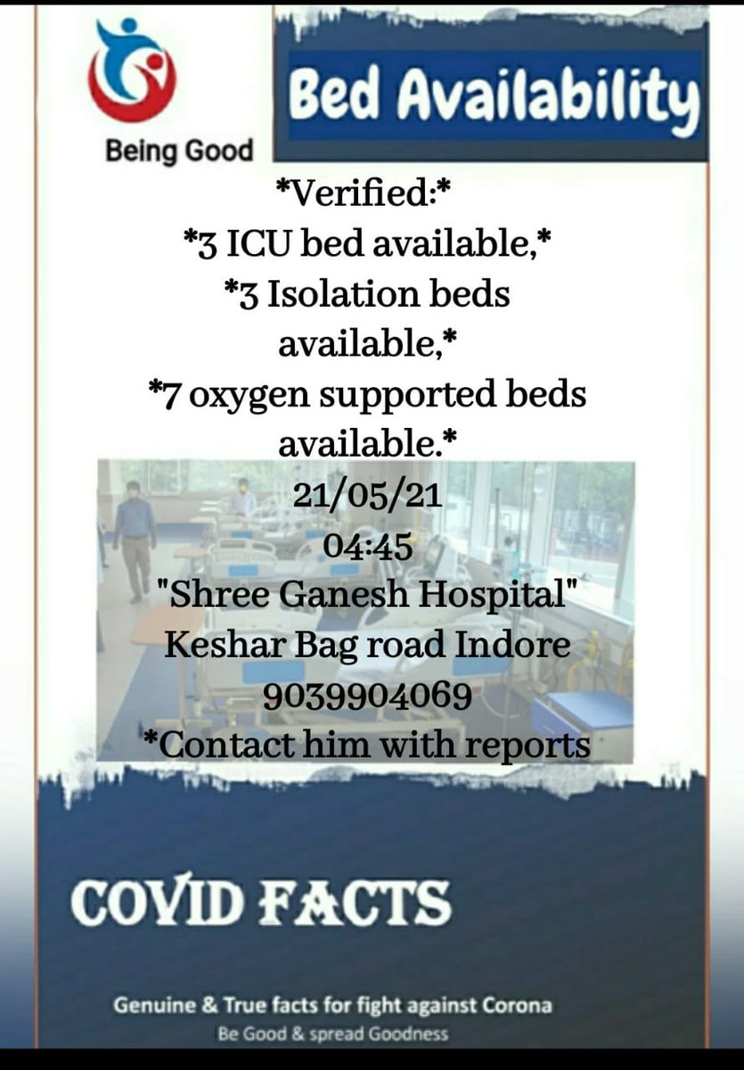 CAAnkitMaheshwr's tweet photo. Covid -Hospital Bed Availabity
@COVIDNewsByMIB
@abhihk2 @RanaMishka #Test #Corona #Indore #Covidfight #Fightaainstcorona #Beinggood #indiafightscorona #Indorenumber1 #antibody #plasma #indoremerijaan #covidresources #coronatest #mpcovid https://t.co/1D7iLySJCJ