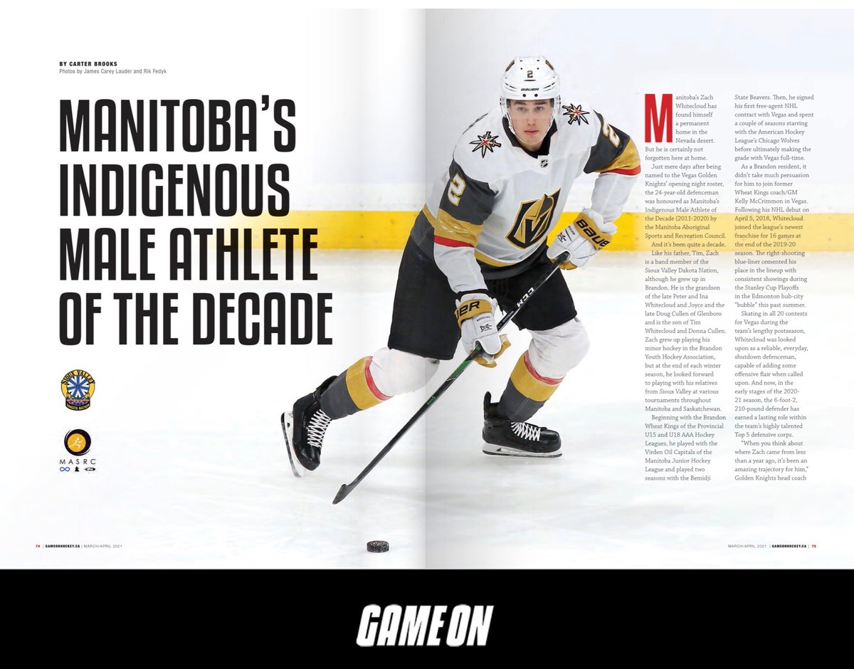 Manitoba's Indigenous Male Athlete of the Decade @ZachWhitecloud is playing outstanding playoff hockey with the @GoldenKnights. Read his remarkable story in the latest edition of @GameOnHockey FREE at gameonhockey.ca #SiouxValleyDakotaNation @twhitecloud @Sioux_Valley