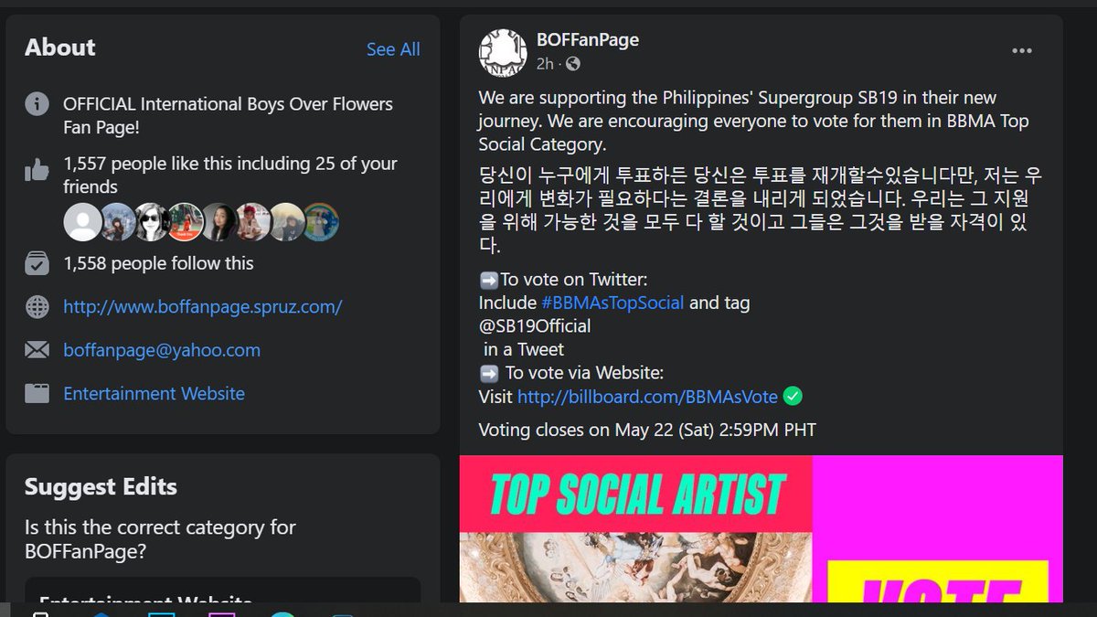 BOFFanPage's tweet photo. We don't have a huge reach in our FB Pages but we still hope it could help.

We are voting @SB19Official for #BBMAsTopSocial

RT to vote too https://t.co/IRK86xhOnl