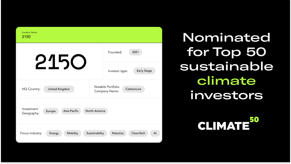 climate50's tweet photo. INVESTOR PROFILE: With offices in London, Copenhagen, and Berlin, @2150 is a new €200m VC fund that supports tech entrepreneurs improving the efficiency and sustainability of urban environments🌼
#VentureCapital #ClimateChange #Climate50 #2150VC https://t.co/7dOSSFlp5C