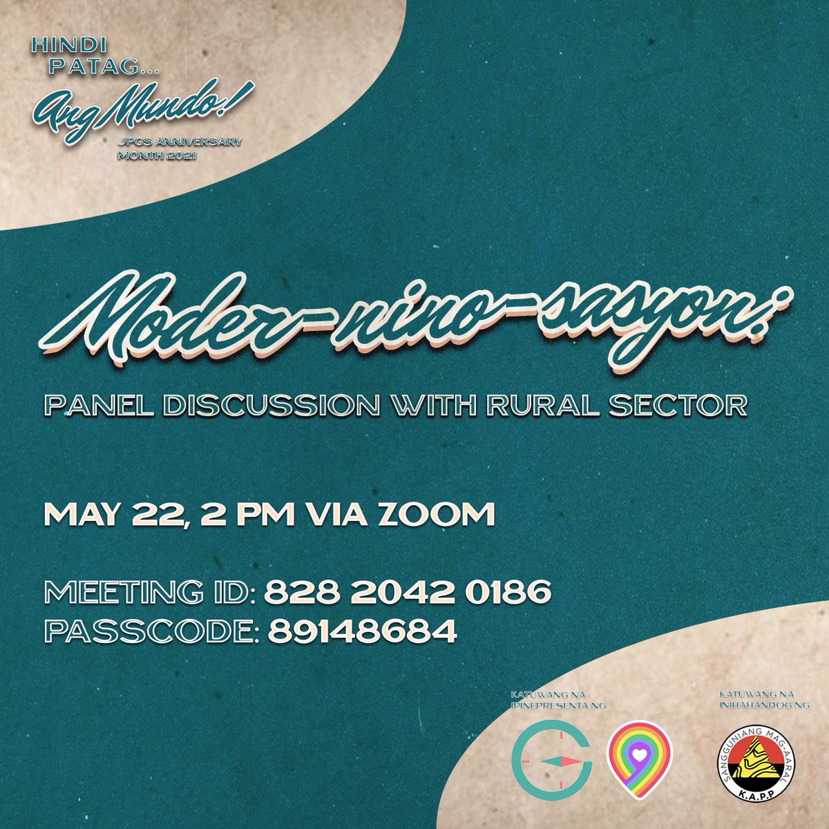 jpgs_upd's tweet photo. Narito ang ating Zoom meeting credentials para sa Day 1 ng "Moder-nino-sasyon" bukas. Kitakits!

https://t.co/FwPwWbDARH

Meeting ID: 828 2042 0186
Passcode: 89148684

#DiPatagAngMundo
#JPGSAnnivMonth2021
#ModerNinoSasyon https://t.co/0pJ90UEJoj