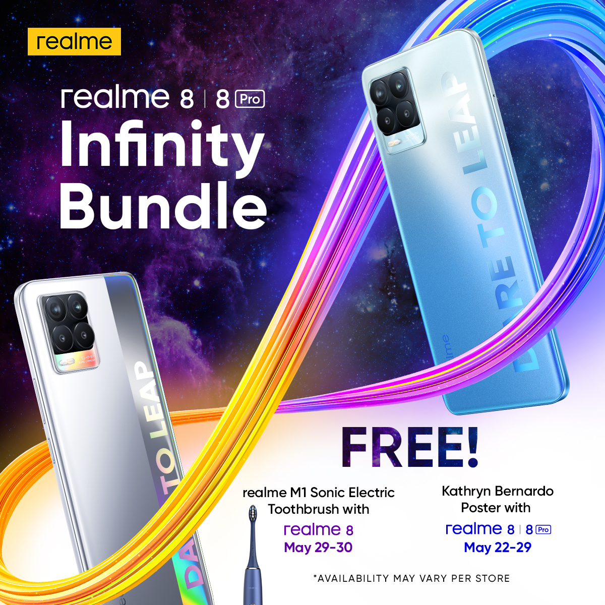 realme_ph's tweet image. Discover possibilities ahead with the realme 8 and realme 8 Pro!
Start to get yours this weekend for as low as P13,990 and get a FREE Kathryn Bernardo poster with every purchase!*
#InfinityBundle #CaptureInfinitywith8Series

*Stocks may vary per store