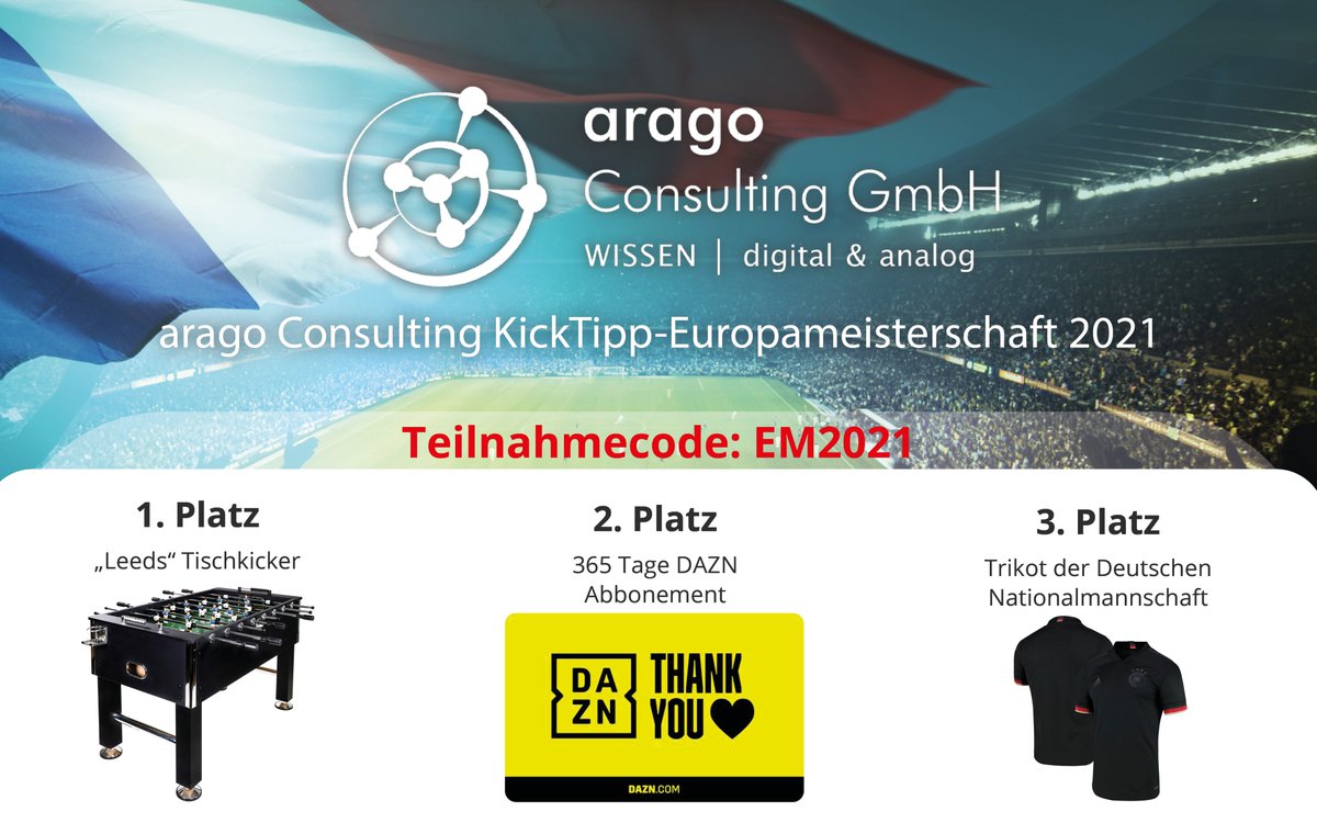 arago_GmbH's tweet photo. Nehmen Sie jetzt an der arago Consulting KickTipp-Europameisterschaft 2021 teil und gewinnen Sie tolle Preise 🏆
https://t.co/rmDUALDZOM https://t.co/gc1gIAbjat