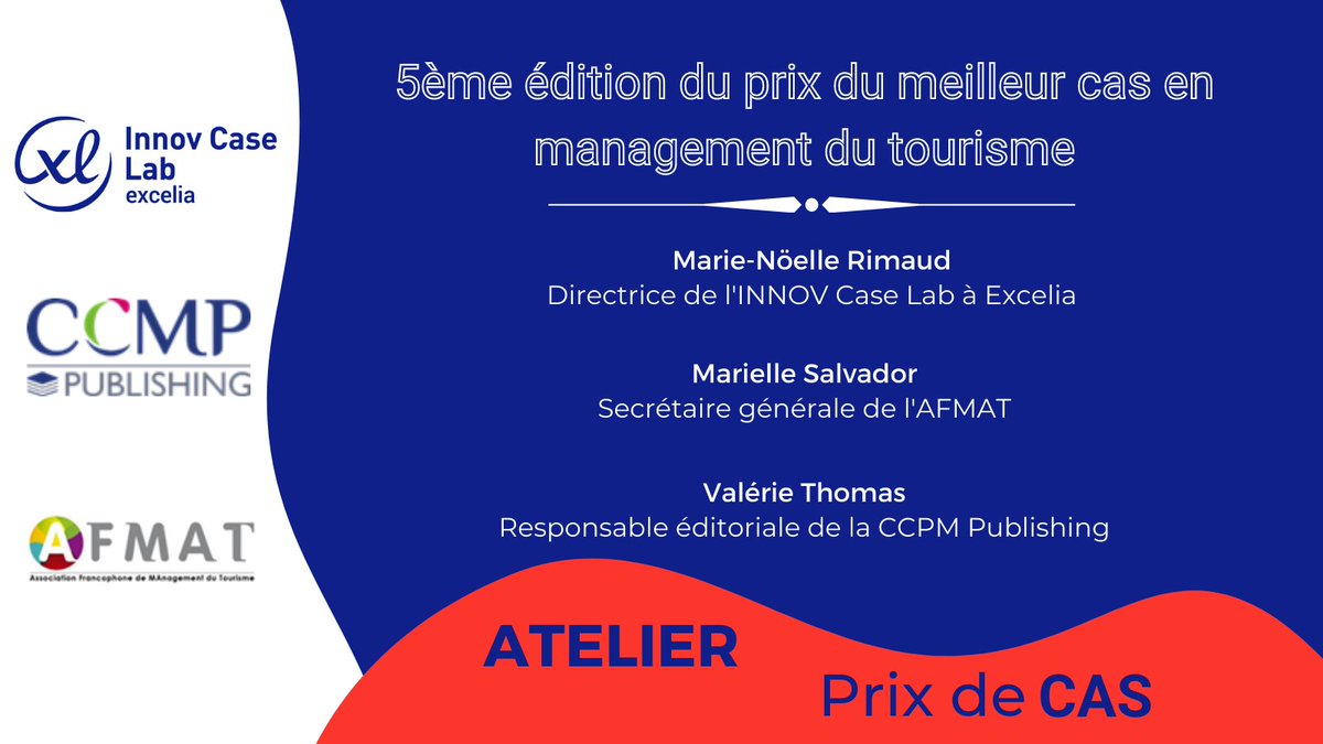 [#PRIX🏆] 5⃣e édition - meilleur cas en #managementdutourisme

➡️<a href="/rimaudmn/">Marie-Noëlle RIMAUD</a>, Directrice de l'#INNOVCaseLab <a href="/ExceliaGroup/">Excelia</a> présidera cet atelier. 3⃣finalistes en compétition !
➡️Organisé par l'<a href="/AFMaTorg/">AFMaT</a> &amp; l'@InstitutPBocuse

🗓️28/05 à 9h
👉excelia-group.fr/innov-case-lab

#CCMP #Tourisme