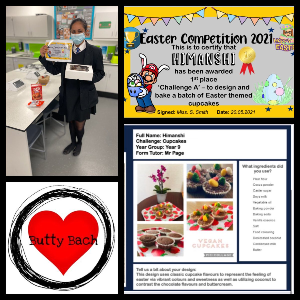 Whitmore_Food's tweet image. Well done Himanshi who won 🥇 1st place in challenge A - design &amp;amp; bake a batch of Easter themed cupcakes. She even made them vegan 👏🏻 #vegancupcakes #businessessupportingschools @BachButty @Caldicot_Y9 @Caldicot_Sch