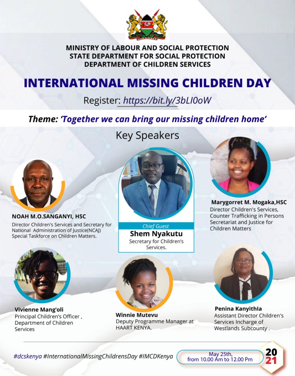 International Missing Children Day. Theme:Together we can bring our missing Childrenhome. Date: May 25 Link: zoom.us/webinar/regist…