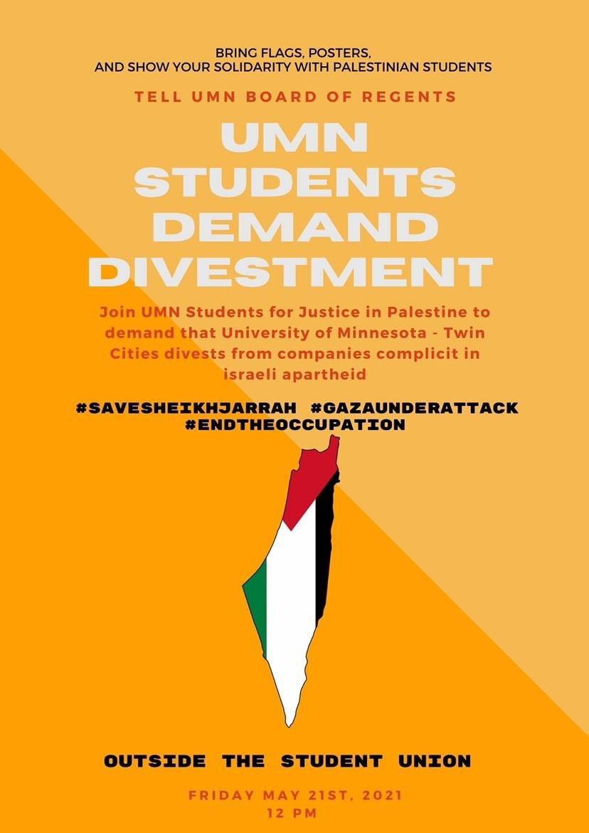 MLKProgram's tweet image. Join us TODAY in demanding that the University of Minnesota divest from companies and organizations complicit in Israeli apartheid!