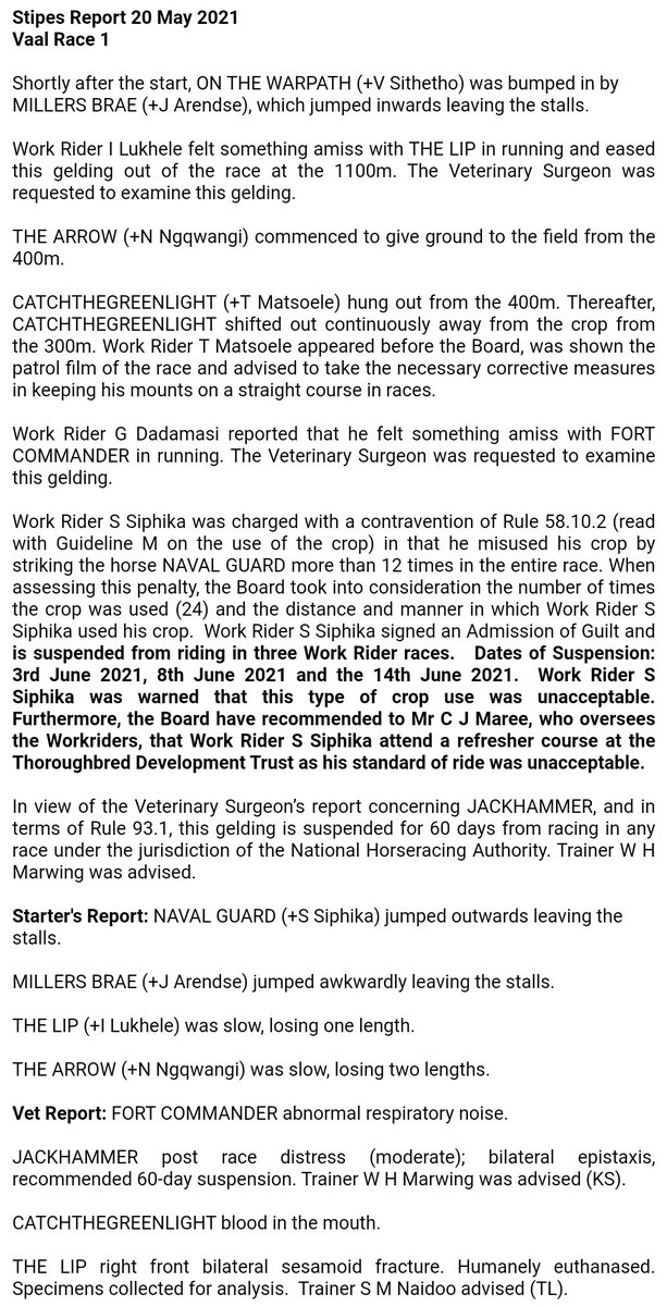 NHASouthAfrica's tweet photo. Please note the following excerpt from the #StipesReport for Race 1 at the #Vaal on 20 May 2021 https://t.co/qJsdZCN0zb