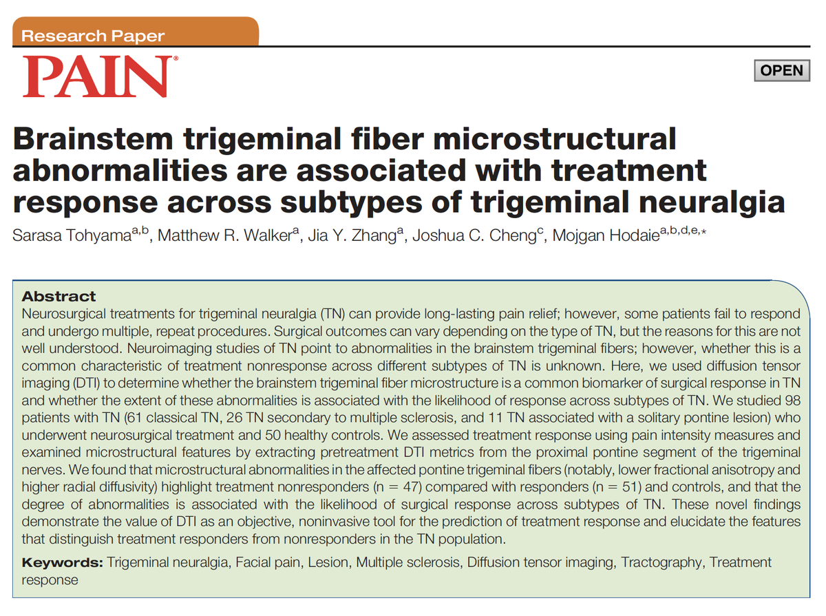 Sarasa Tohyama, PhD (@sarasatohyama) on Twitter photo 🚨Our new paper in <a href="/PAINthejournal/">PAIN Journal</a> is out! We find that white matter microstructural abnormalities in the brainstem trigeminal fibers are a common characteristic of treatment non-response across different subtypes of #trigeminalneuralgia 🧠⚡️
journals.lww.com/pain/Fulltext/… 🚨Our new paper in <a href="/PAINthejournal/">PAIN Journal</a> is out! We find that white matter microstructural abnormalities in the brainstem trigeminal fibers are a common characteristic of treatment non-response across different subtypes of #trigeminalneuralgia 🧠⚡️
journals.lww.com/pain/Fulltext/…