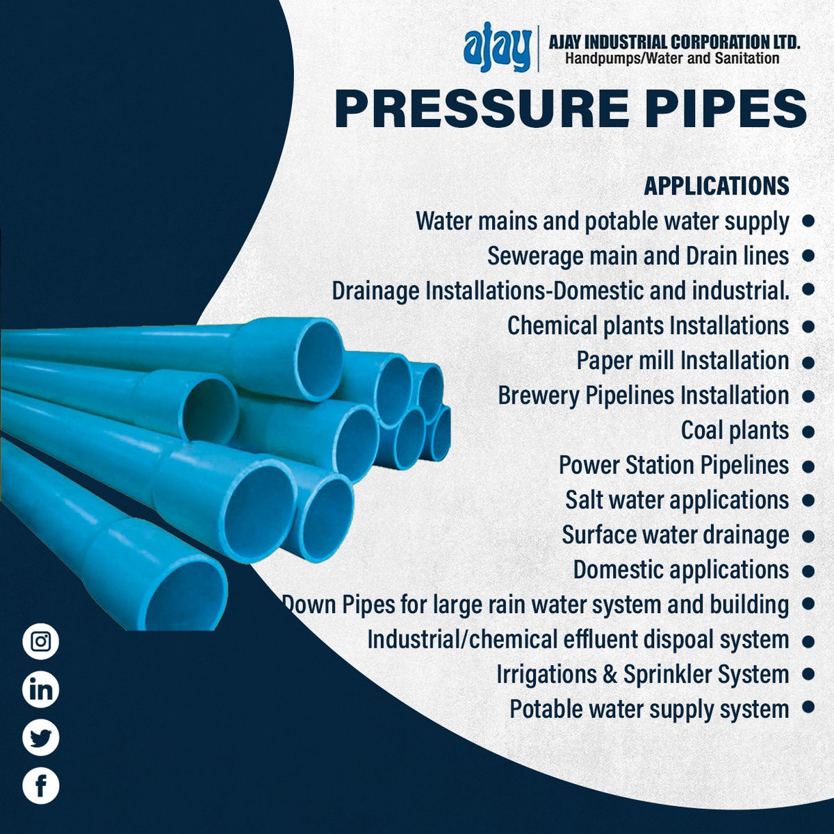 IndustrialAjay's tweet image. We ensure that our pipes are not only of the highest quality but are affordable as well. The products are designed to make sure that our customers get the best because that is what innovation is all about.

#AjayIndustrial #pressurepipe #manufacturer #water #sanitation #pipe