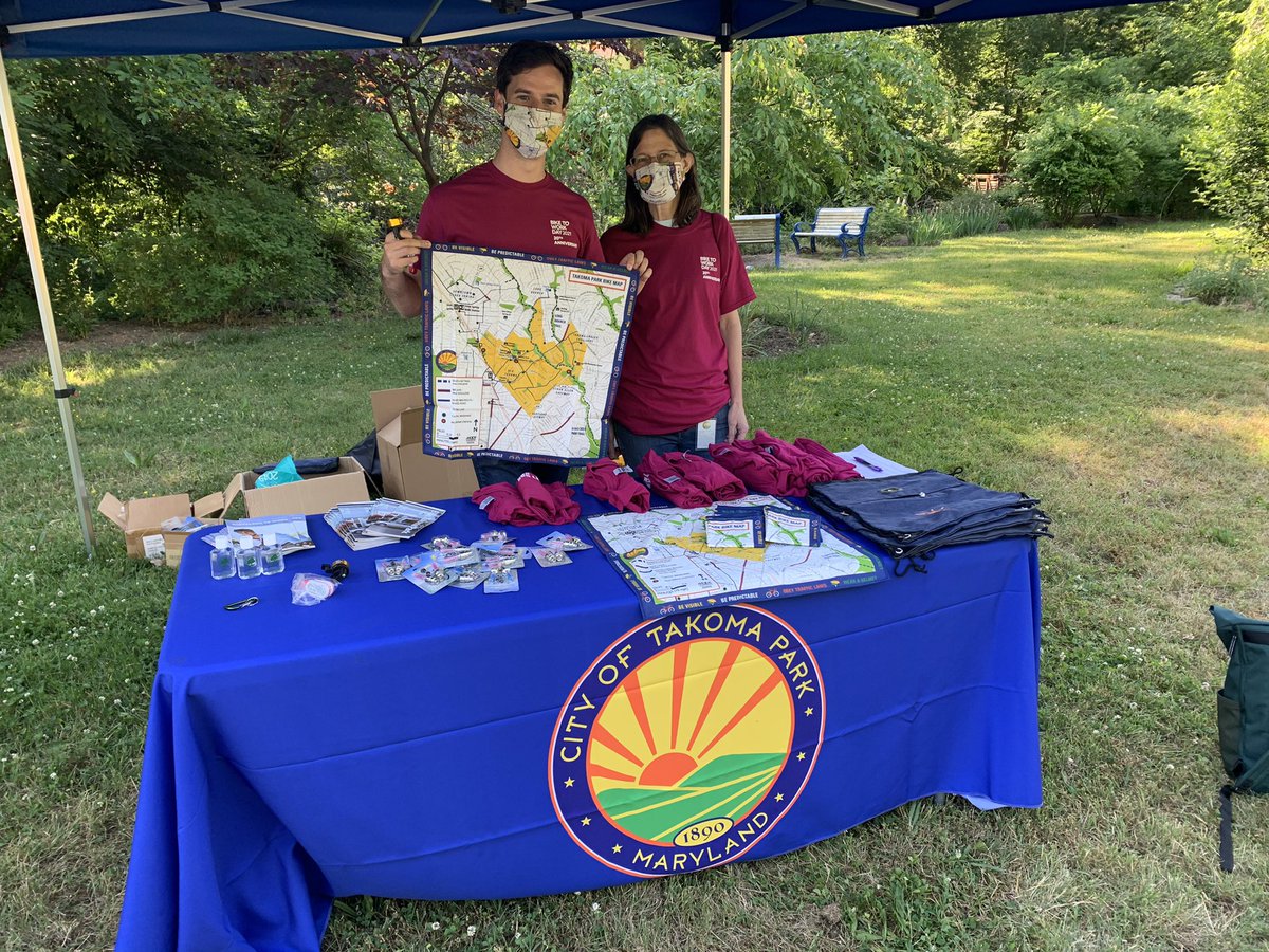 Happy #BikeToWorkDay @TakomaParkMD ! 🚴‍♀️🚴🚴🏿‍♂️☀️ Thanks to our Planning & Community Development staff for setting up our pit stops. If you missed us, head to @TakomaBicycle for leftover t-shirts and swag! #BikeHappy #BiketoWhereverDay