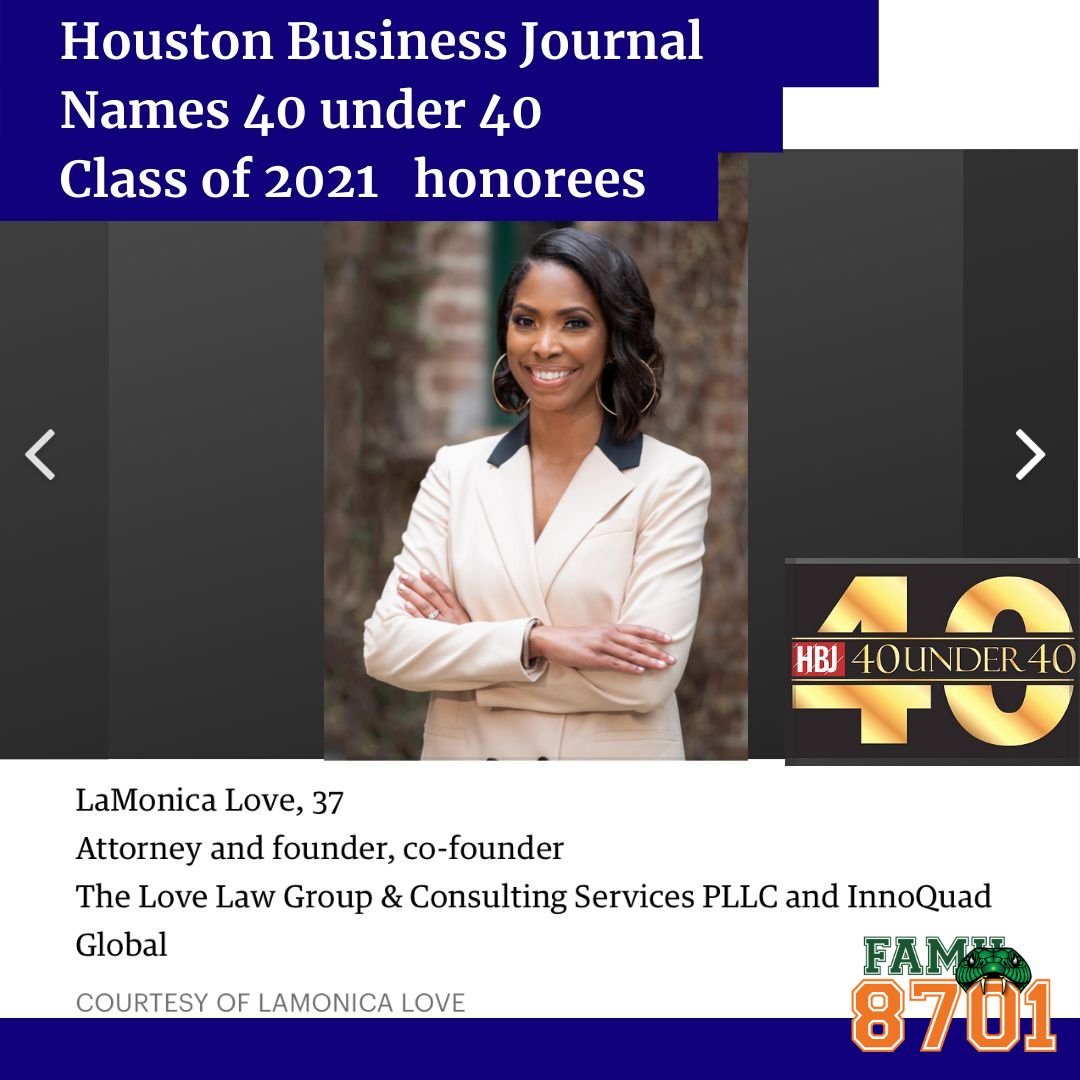 FAMU8701's tweet photo. Congratulations to our classmate LaMonica Orr-Love for being named a 2021 Houston Business Journal 40 Under 40 honoree! Continue striking from the top and representing the Rattler FAMUly LaMonica!!!
#famu #strikingfromthetop #8701spotlight #famu8701 #famuly #famu1887 #famualumni https://t.co/tQltog4B4u