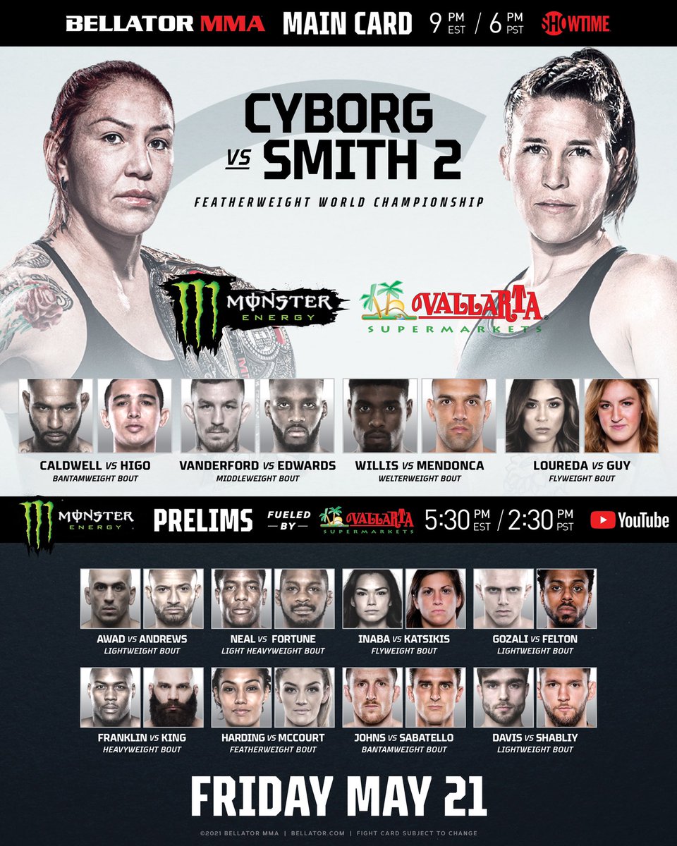 👊 IT'S FIGHT DAY!! 👊 Here's how to watch #Bellator259 LIVE tonight.👇 🇺🇸 @MonsterEnergy Prelims fueled by Vallarta Supermarkets LIVE on the Bellator YouTube channel, @Showtime Sports YouTube channel & @PlutoTV at 5:30 ET/2:30pm PT.
