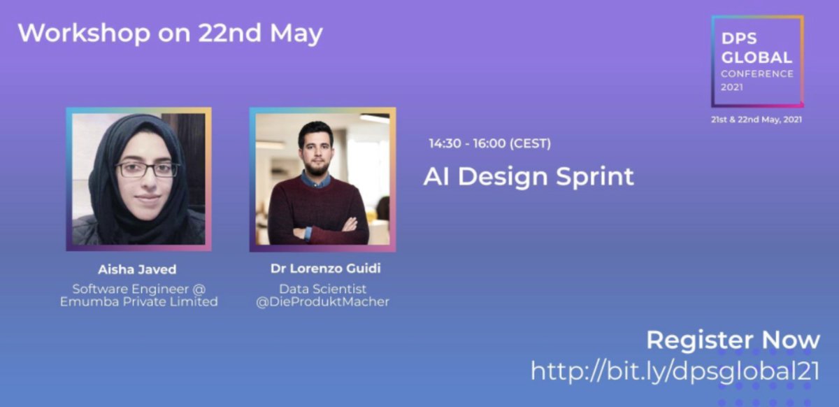Don't have plans for Saturday yet? There's a great conference being organized by our friends at @dpschool_io. What's the cherry on top? One of our colleagues, Dr. Lorenzo Guidi, is talking about something called the AI Design Sprint. Curious? 
Join here: ow.ly/Ir0c50EQdDE