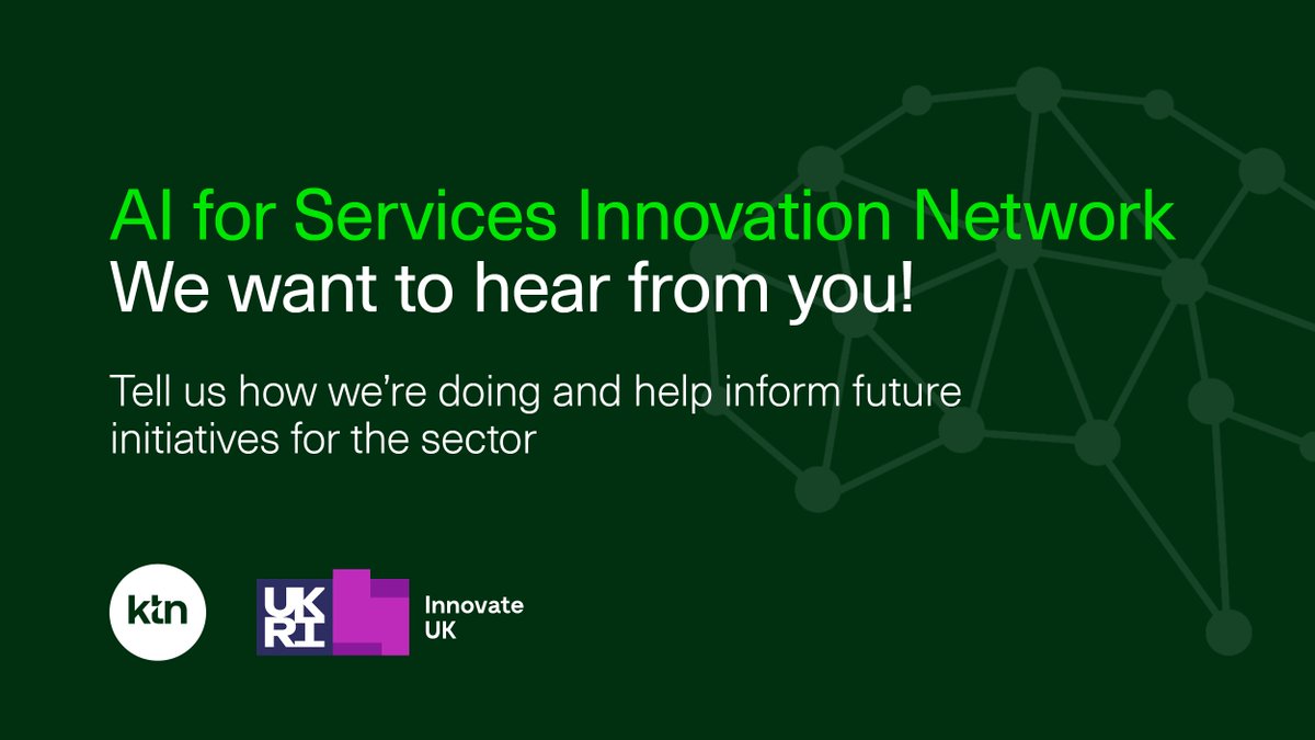 AIForServices's tweet image. How has @AIForServices helped you? What events could we run in future?

We want to hear from you! Fill in this 10 min survey to let us know how we’re doing: research.net/r/AI4ServicesF…

📄 Closing 9 June @innovateuk