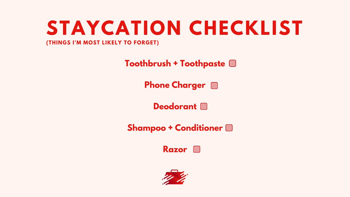 Staycation season is approaching and we’ve got you covered!🤗

Here’s a checklist for the important stuff we tend to forget at home:  

#staycation #checklist #holidays