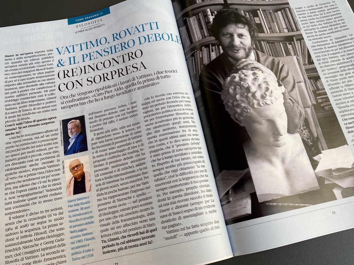 Oggi su <a href="/7Corriere/">7 Corriere</a> un articolo in cui Pier Aldo #Rovatti conversa con Gianni #Vattimo in occasione della pubblicazione delle opere complete di Vattimo <a href="/lanavediteseoed/">La nave di Teseo</a>. La questione centrale è il #pensierodebole, da dove è nato, come è stato accolto e come è tornato di attualità
