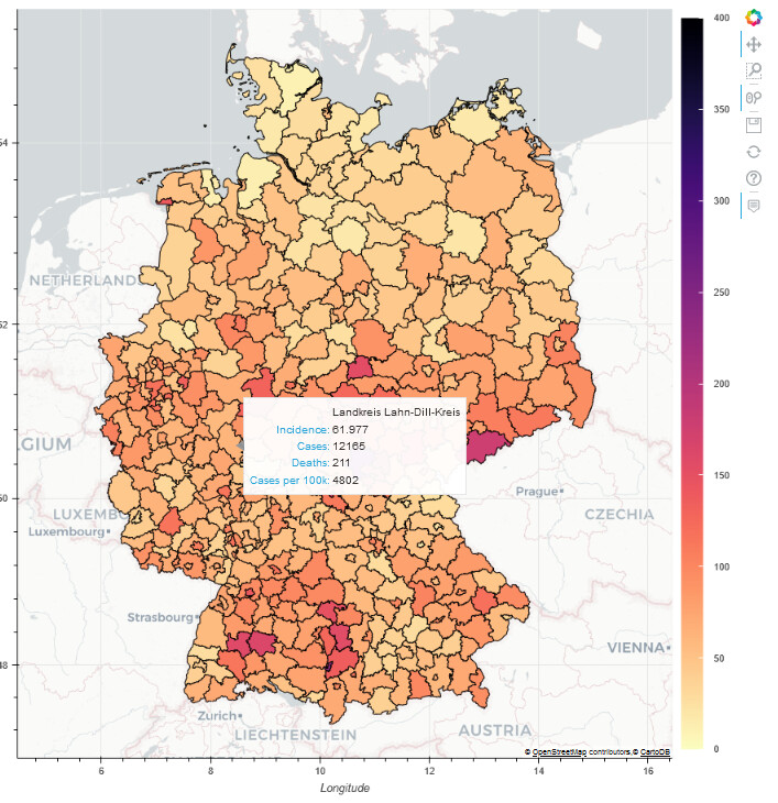 bokeh's tweet photo. A new Showcase entry from @jfexbrayat makes excellent use of geodata and a colormap to build a map of COVID data in Germany. Links to repo and a runnable notebook on the Discourse: https://t.co/SSTIXOodEs https://t.co/p6jMbtoip8