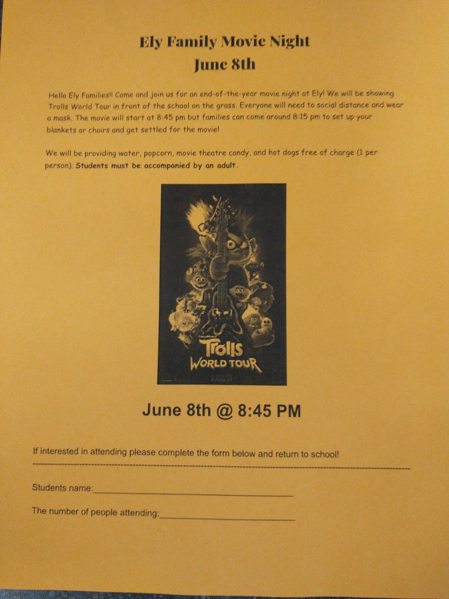 Join us Tuesday, June 8th for an outdoor movie experience on the lawn of Ely #MovieNight #Trolls #ElyStrong #PioneerProud