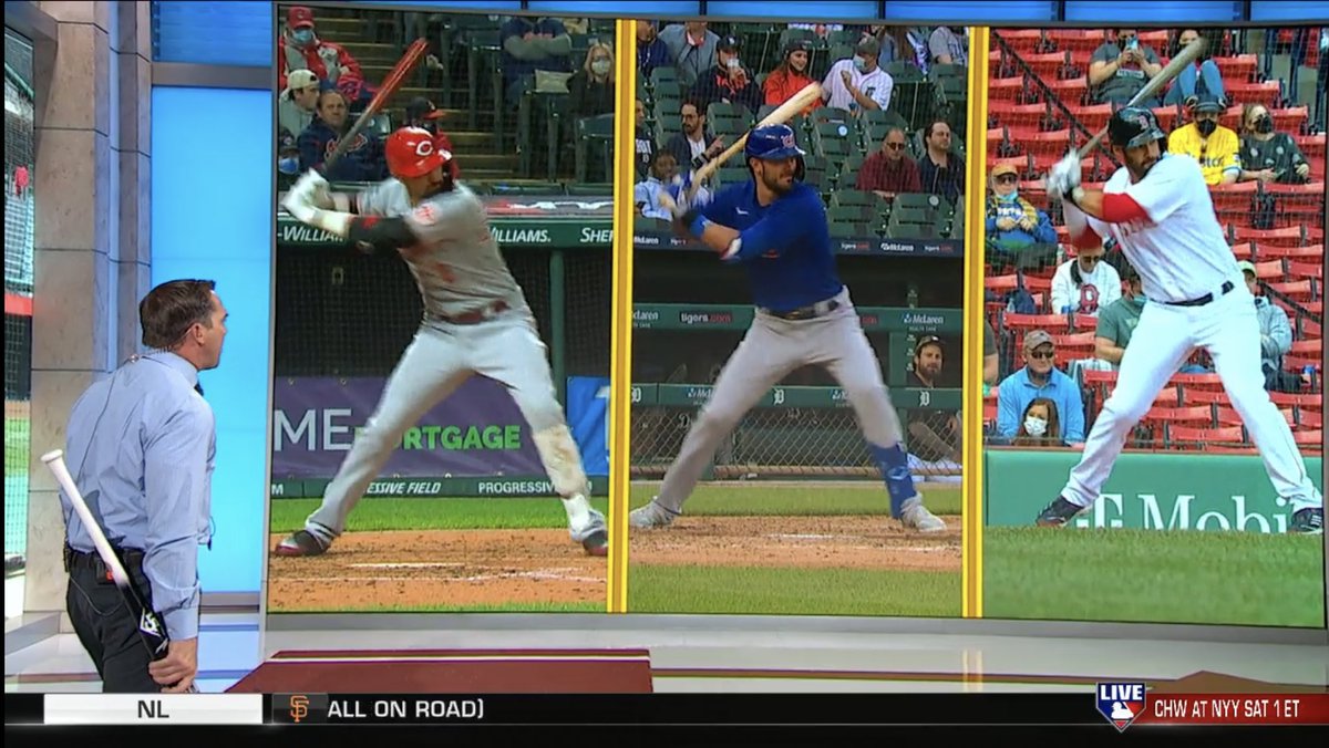 TewksHitting's tweet photo. MLB Network: Launch angle is killing the game. 

Also MLB Network: Check out three of the game’s best who get on plane and stay in the zone forever and can do damage to all fields. https://t.co/TC6nrYPRcP
