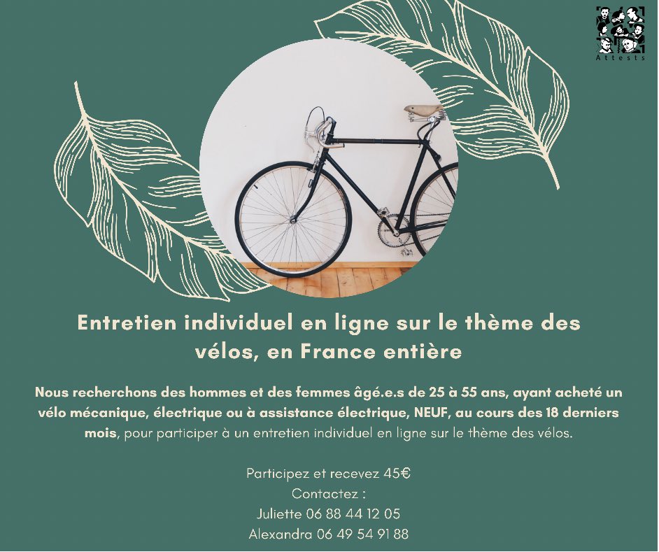 ATTESTS75's tweet photo. 🚲 Entretien sur le thème des vélos 
💶 Participez et recevez 45€
📌 Pour plus d’infos rendez vous sur https://t.co/C4QEIvhffX https://t.co/ysmgwR5UkA