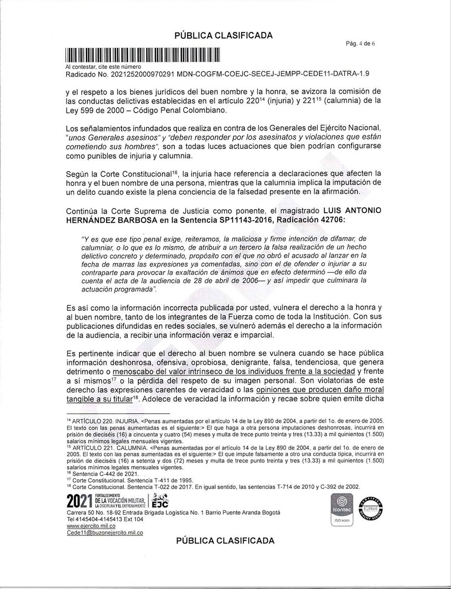 SARGENTOCHALA's tweet photo. Hoy recibí una comunicación formal del   @COMANDANTE_EJC un Oficio  Radicado a la Fiscalía en el que se me pide que rectifique mis mensajes de apoyo al Paro Nacional, General mí compromiso es con Colombia no con corruptos y si me van a meter preso por decir la Verdad, haganlo. https://t.co/XRX3tJnqrm