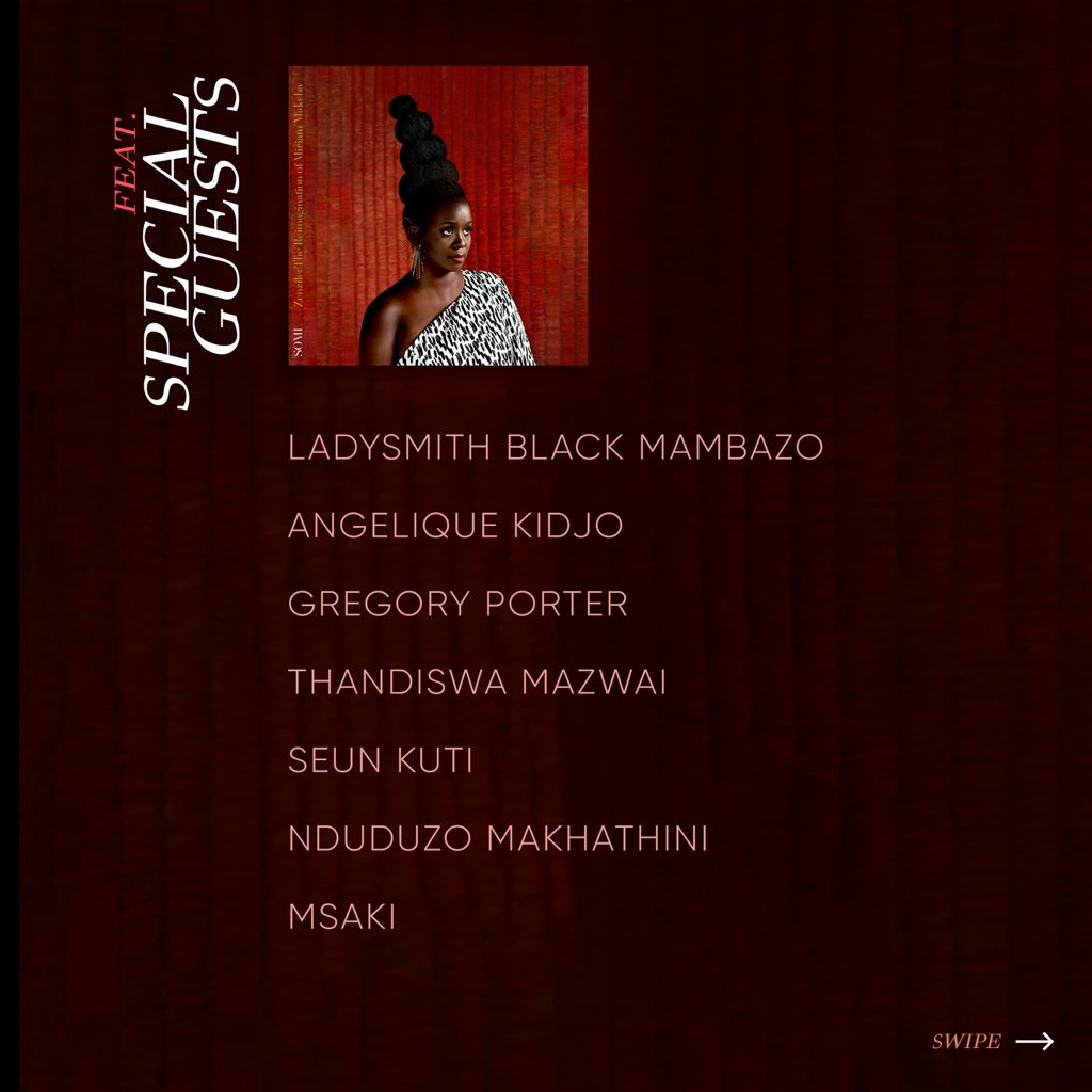 somimusic's tweet photo. Overjoyed to announce that my NEW ALBUM honoring the great MiriamMakeba will be out 07.30.21. and features the very special guests @angeliquekidjo @GregoryPorter @therealmambazo @thandiswamazwai @nduduzo_m @seunkuti &amp; @Msaki_ZA 🙏🏿🙏🏿🙏🏿 #Zenzile https://t.co/bwa6lrMTS4