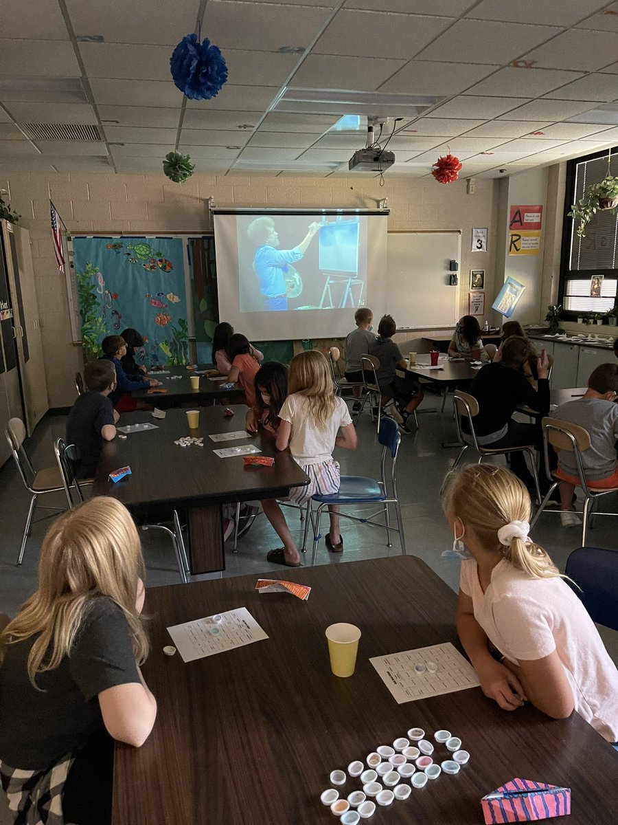MrsAmandaRusso's tweet photo. Bob Ross Bingo for the win!  These kids finished their mini-project early and this is their last day of art for the year.  So quiet...so calm.  High fives for the winners! @lapelelementary https://t.co/ydMraDKlAh