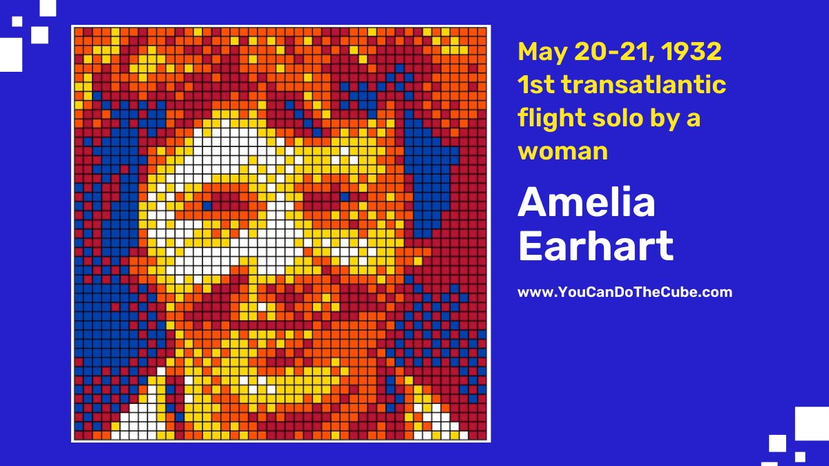 On this day in 1932, Amelia Earhart became the first woman to pilot a solo transatlantic flight. Build this #AmeliaEarhart mosaic with 225 Rubik's Cubes from our Cube Lending Program and the template at ow.ly/o2sr50EDELP