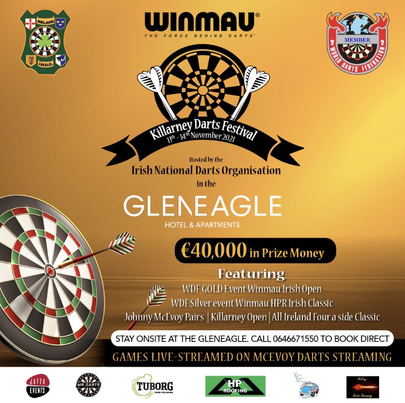 Killarney Darts Festival 2021 in @gleneaglehotelkillarney €40000 euros in prize money. #winmau #winmaudarts #gleneaglehotelkillarney @gleneagleinecarena #indodarts #highperformanceroofing #tuborg #vroomvroomvaleting #jaffaevents