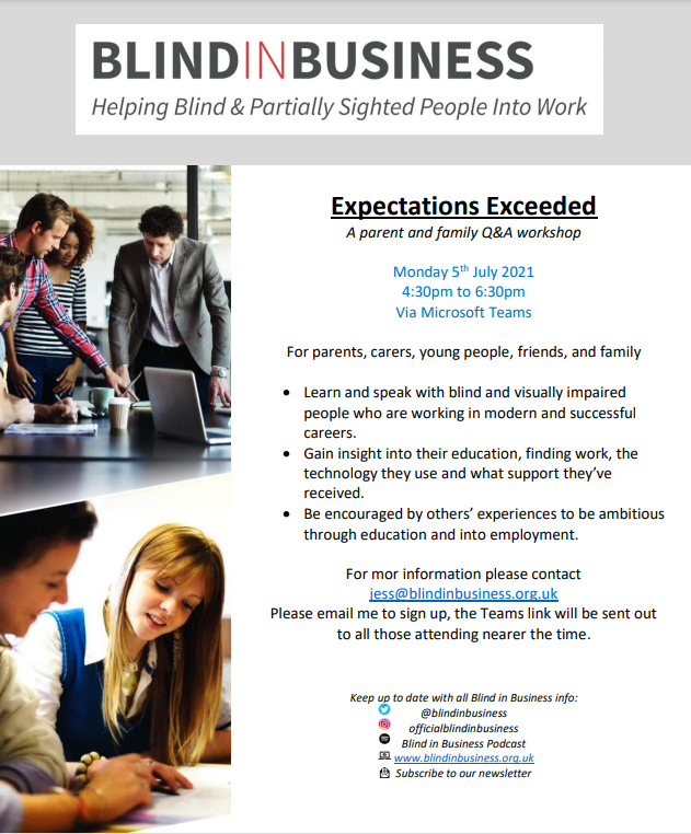 BerksSCS's tweet photo. @blindinbusiness are hosting a Q&amp;A careers on Monday 5 July.   More details in the attached flyer or contact jess@blindinbusiness.org.uk. https://t.co/XE4vyNut9z