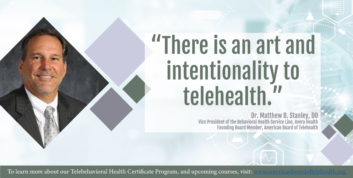 ABTelehealth's tweet photo. Dr. Stanley, shares his #behavioral #health expertise as a Course Director in ABTs new #Telebehavioral Health #Certificate #Program. This is an online, self-paced program that utilizes interactive content and integrated case scenarios to engage the Behavioral Health professional. https://t.co/bhSGNF9MzH