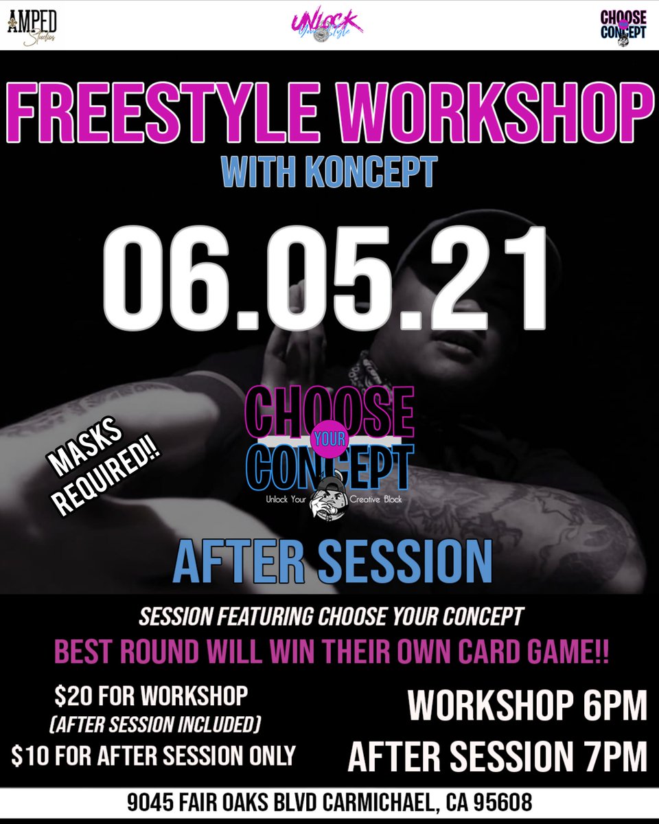 After A long time of being virtual. @konceptxv is back with a In-Person Workshop!!!

Following my workshop I'm throwing an after session Ft. Choose Your Concept

Person with the best round will win their own Card Game!

#unlockyourstyle 
<a href="/unlockyourstyle/">Unlock Your Style</a>
