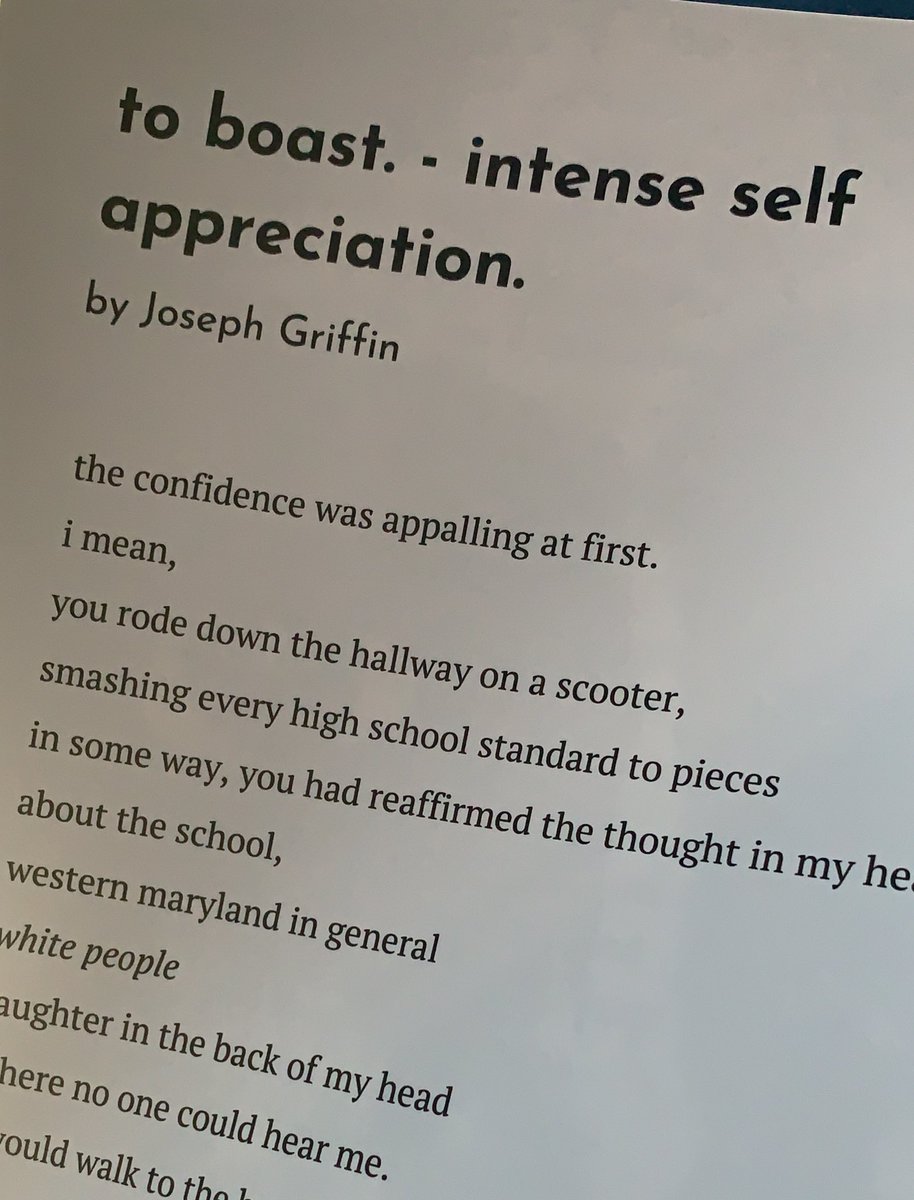 jose 🤧 (@josephsgriffin) on Twitter photo y’all i’m late but the literary magazine of one <a href="/AfroLiterary/">Afro Literary Magazine | SUBS OPEN</a> just came in the mail!
pg 60. “to boast - intense self appreciation” 🤪🥺 y’all i’m late but the literary magazine of one <a href="/AfroLiterary/">Afro Literary Magazine | SUBS OPEN</a> just came in the mail!
pg 60. “to boast - intense self appreciation” 🤪🥺