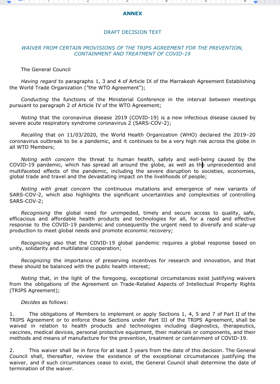 ThiruGeneva's tweet photo. 21 May 2021: 62 WTO members submit revised proposal on a waiver from certain provisions of the TRIPS Agreement for the Prevention, Containment, and Treatment of COVID-19 #TRIPSWaiver https://t.co/45uw5Kjlqa https://t.co/k4w3YG31hy