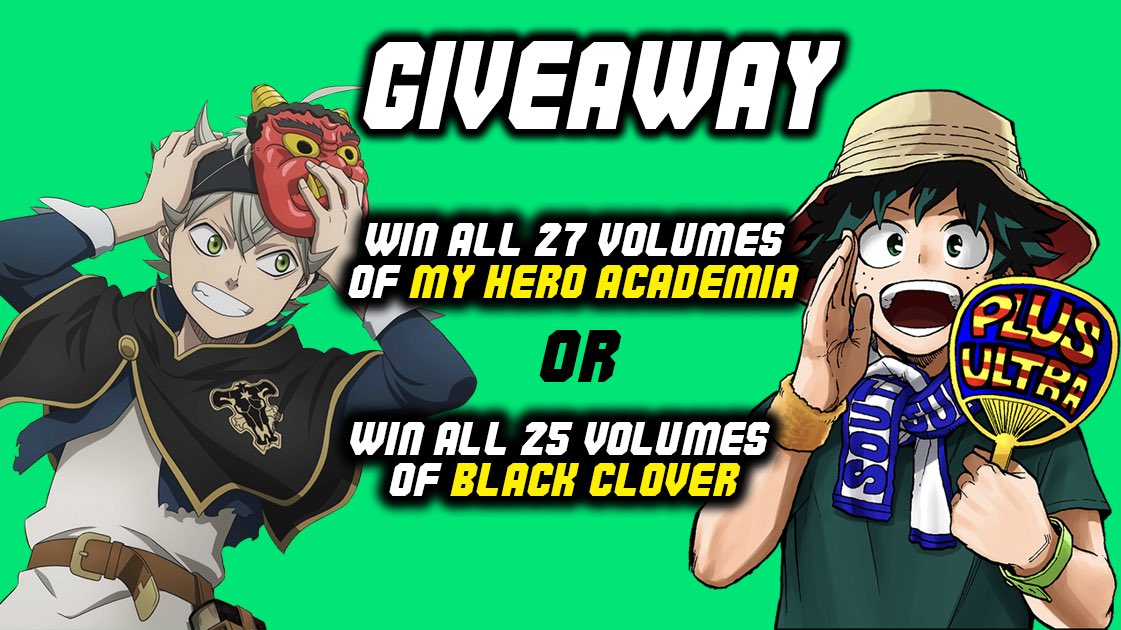 Plot Armor (@plotarmoryt) on Twitter photo 🚨GIVEAWAY🚨
In collaboration with <a href="/rightstufanime/">Right Stuf Anime</a> we’re giving away all 27 volumes of the My Hero Academia manga or all 25 volumes of the Black Clover manga to one lucky person here on Twitter, and another on Instagram.
How to win
1) follow <a href="/plotarmoryt/">Plot Armor</a>
2) LIKE AND RT this 🚨GIVEAWAY🚨
In collaboration with <a href="/rightstufanime/">Right Stuf Anime</a> we’re giving away all 27 volumes of the My Hero Academia manga or all 25 volumes of the Black Clover manga to one lucky person here on Twitter, and another on Instagram.
How to win
1) follow <a href="/plotarmoryt/">Plot Armor</a>
2) LIKE AND RT this