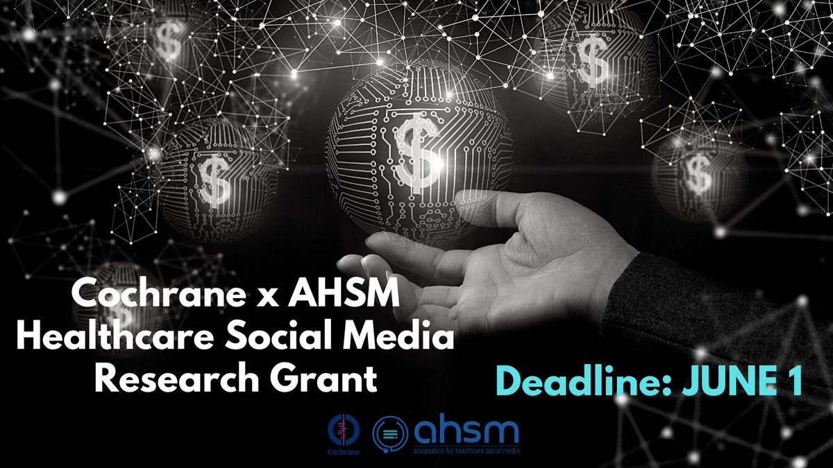 Final days to apply for two $500 research grants AND the opportunity for your research to be featured across <a href="/cochranecollab/">Cochrane</a> channels! 

Apply for the COCHRANE X AHSM Healthcare Social Media Research Grant in our link in bio! 💻

#hcsm #medtwitter #AcademicTwitter