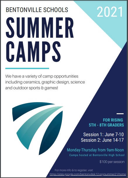 We are hosting the 5th annual Bentonville Schools Summer Camps again this June at BHS! These camps are designed for rising 5th-8th graders. 

buff.ly/3f95czj