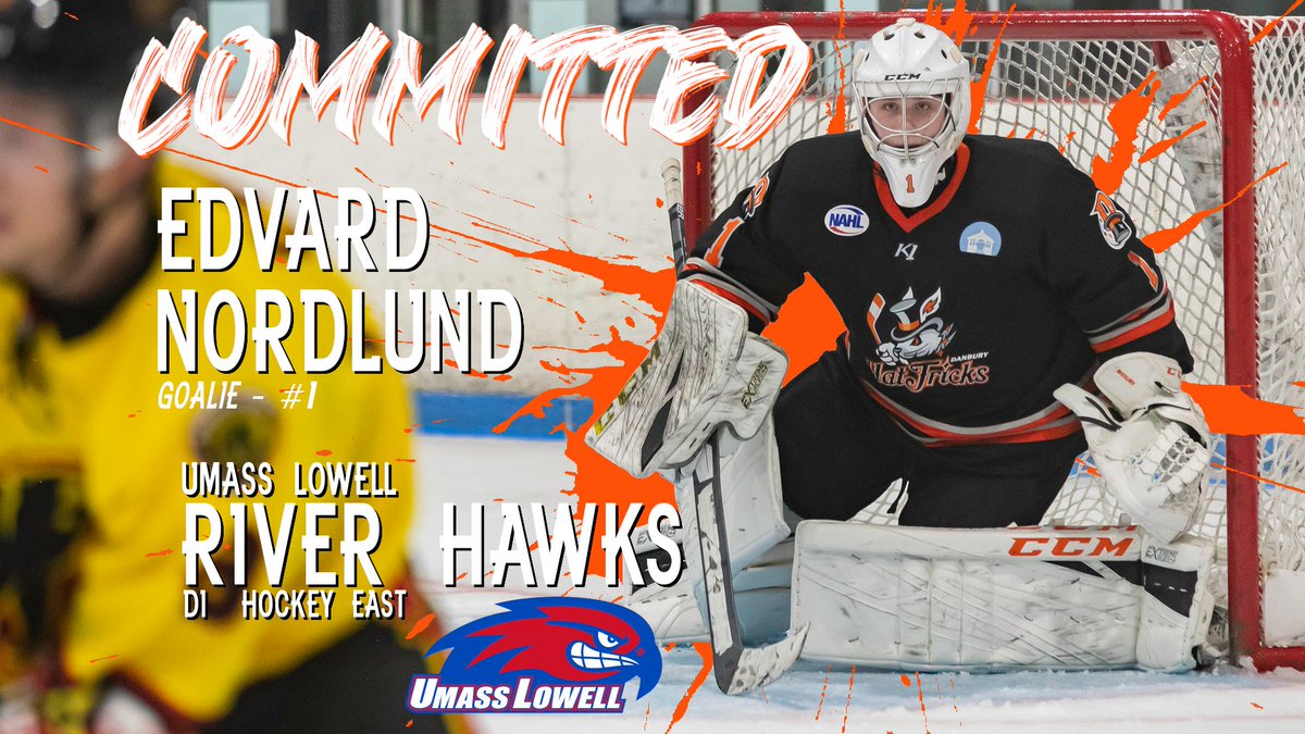 COMMITTED! Congratulations to Edvard Nordlund on joining the <a href="/RiverHawkHockey/">UMass Lowell Hockey</a> squad for 2021-22!

Eddie finished as the team leader in wins (9) and goals-against average (3.03). He becomes the 15th Jr. Hat Trick to earn a spot on a collegiate roster!

📰: hattricks.nahlleague.hockeytech.com/commitment-goa…