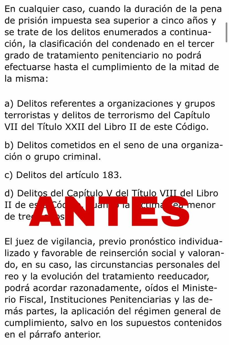 _AVT_'s tweet image. 🗣️🔴 El Congreso de los Diputados aprobó ayer de tapadillo una reforma del Código Penal que beneficia a los condenados por delitos de terrorismo. Podrán acceder al tercer grado sin que se les exija, como hasta ahora, haber cumplido la mitad de la condena si así lo acuerda el Juez