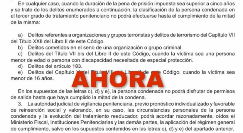 _AVT_'s tweet image. 🗣️🔴 El Congreso de los Diputados aprobó ayer de tapadillo una reforma del Código Penal que beneficia a los condenados por delitos de terrorismo. Podrán acceder al tercer grado sin que se les exija, como hasta ahora, haber cumplido la mitad de la condena si así lo acuerda el Juez