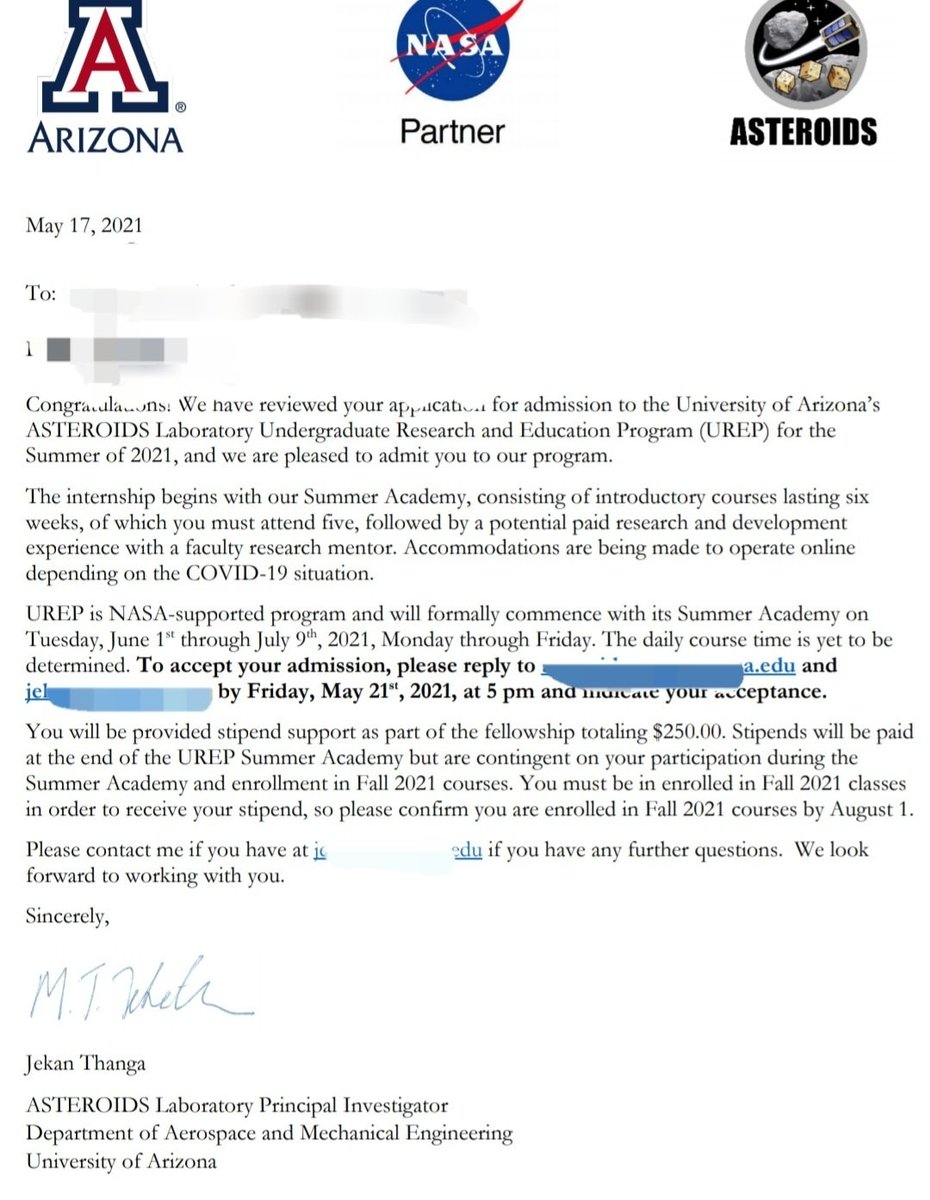 Kookahroo's tweet photo. I almost didn't open this attachment in my email because it said "Dear <<first name>>" 🤣 I was just thinking,  after the year I had, I just won't deal with the rejection. I'm more curious and instead opened the attachment. This summer I get to do @uazresearch in ASTEROIDS Lab! https://t.co/KfiKOwmAY7