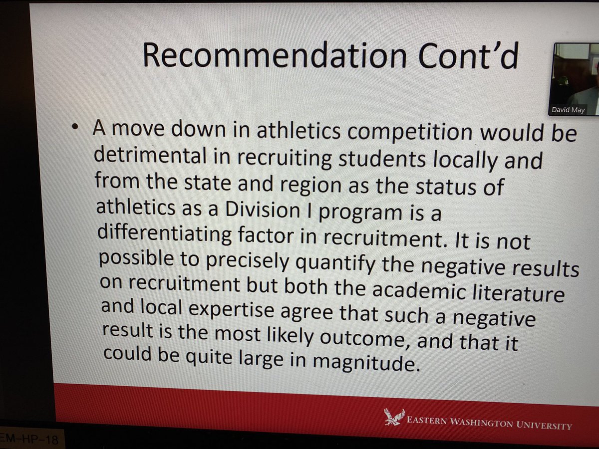 BrennaGreene_'s tweet photo. BREAKING: EWU interim president David May is recommending the school stay a DI FCS school. This is only a recommendation, as the Board of Trustees will make the final decision in June. Here are the slides he currently reading right now to the board (1/?): https://t.co/U2kgPxrTJY
