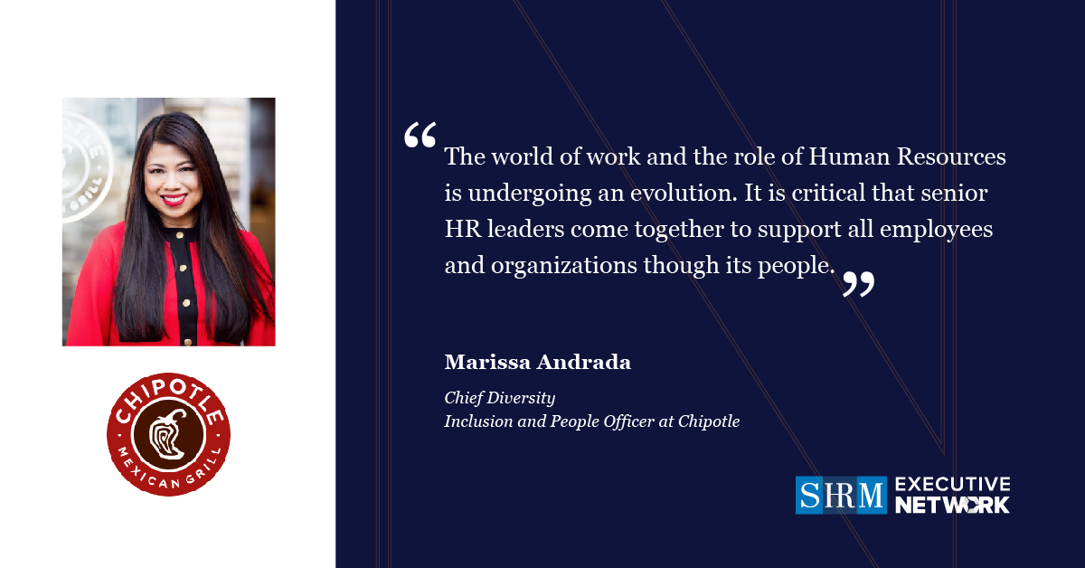 SHRMExecNetwork's tweet photo. Leading minds in #HR like Marissa Andrada, Chief Diversity, Inclusion and People Officer at @ChipotleTweets, are shaping the future of work. To learn more about her role in the Executive Council and the new SHRM Executive Network visit https://t.co/nyoIhzk7D7. #executivenetwork https://t.co/2PeyUW8Klr